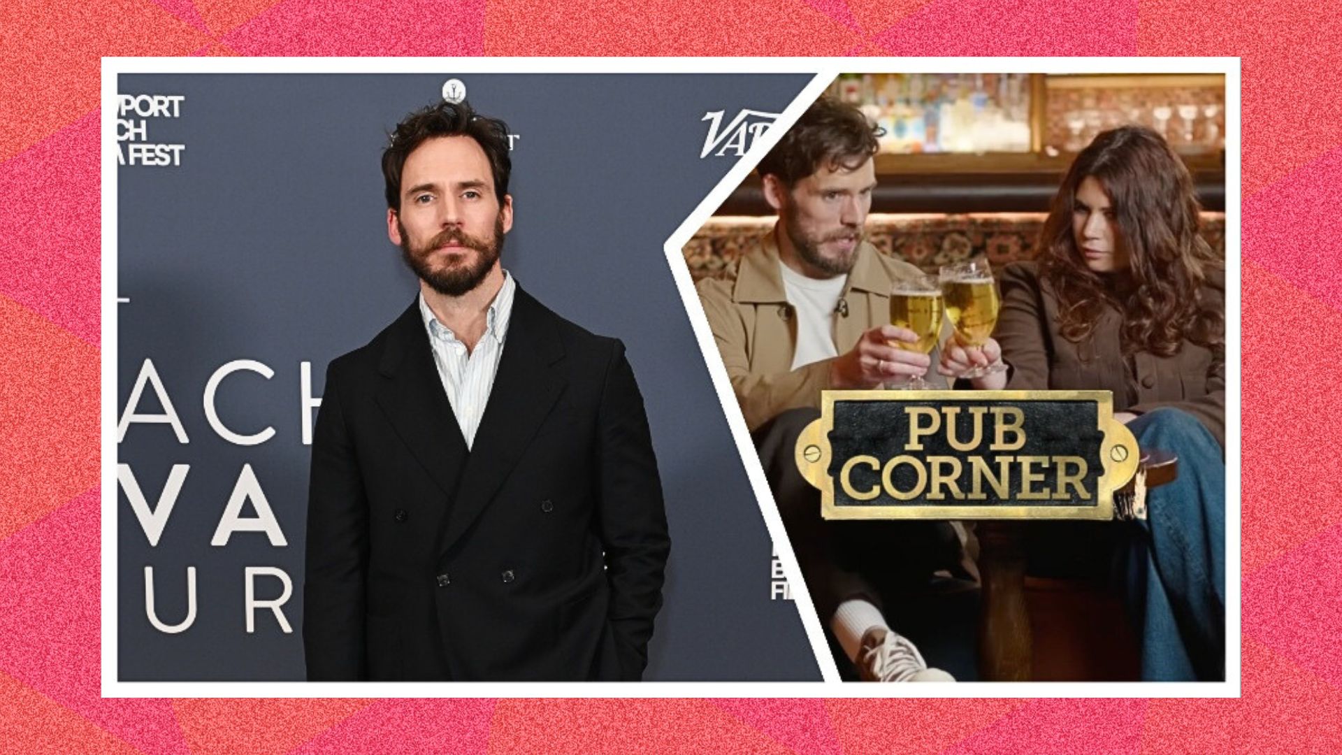 an image of Sam Claflin on the red carpet at Newport Film Festival spliced with a screengrab from the Pub Corner interview where Sam and the interviewer are mid-cheers