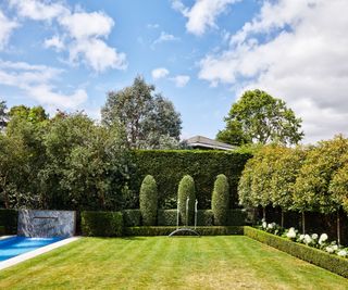 Garden with bespoke lap pool, a lawn, hedges, flower border with white flowers, topiary and a sculpture.