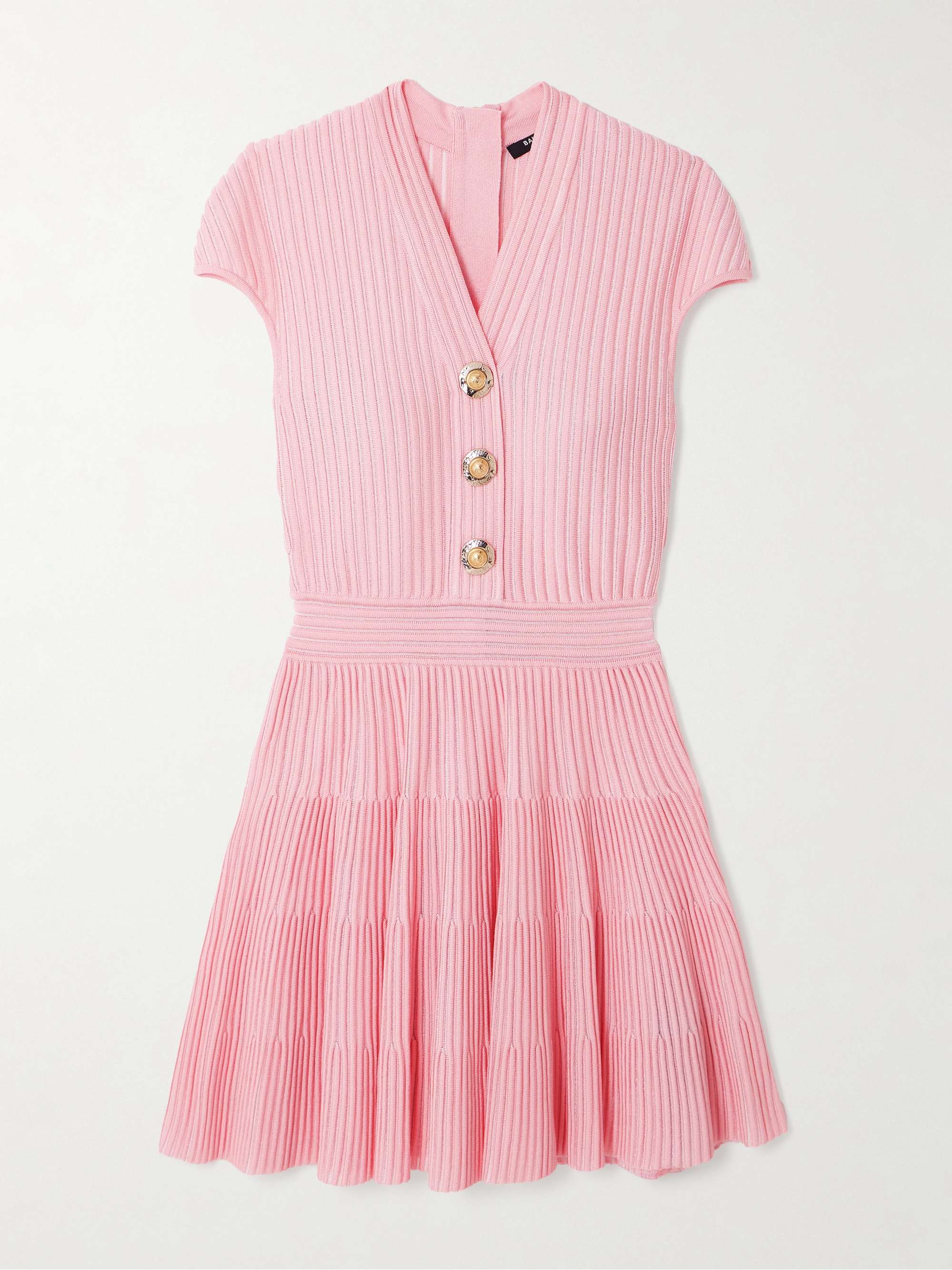 Button-Embellished Ribbed-Knit Mini Dress