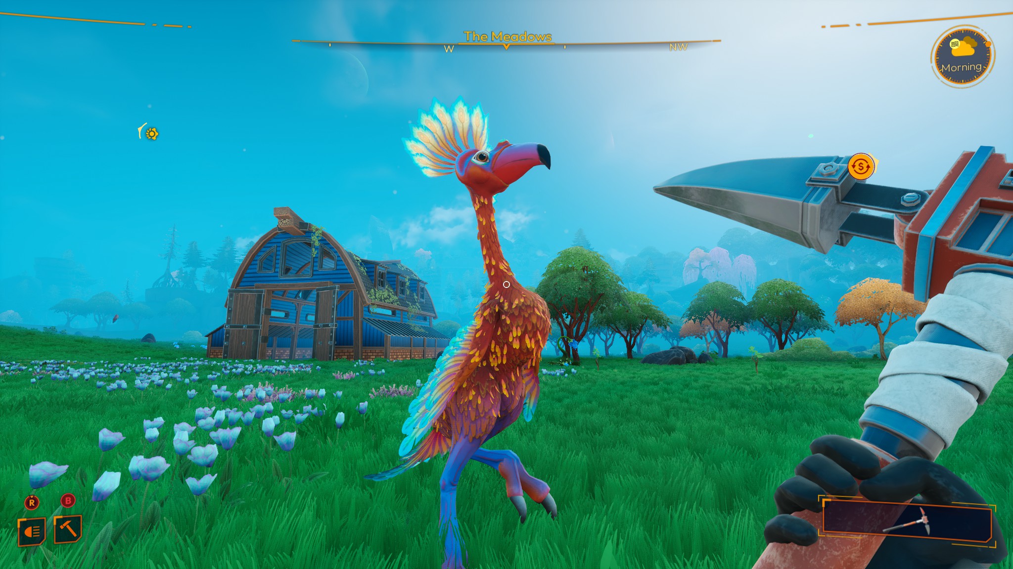Lightyear Frontier - a player looks up a a larte alien bird near their barn