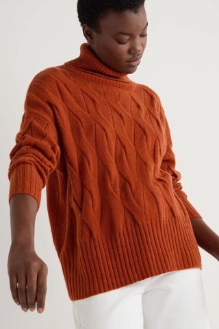 N.Peal Emmie Relaxed Roll Neck Cable Knit Cashmere Jumper