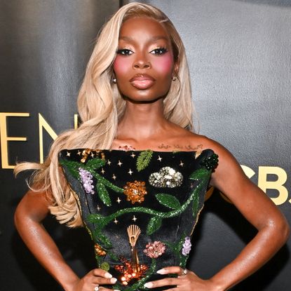 Olandria Carthen at the 2026 Golden Globes Eve event in a semi-sheer embroidered gown