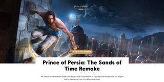 Prince of Persia: The Sands of Time Remake website pre June 10 2024, showing "Remake" in the title