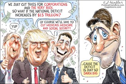 Political cartoon U.S. Trump economy GOP Paul Ryan McConnell