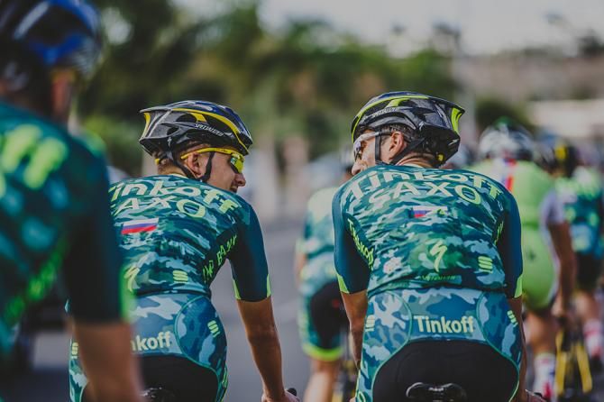 Tinkoff-Saxo riders wear their new camo kits