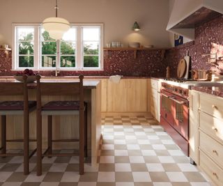 kitchen with checked tiles and wooden cabinetry