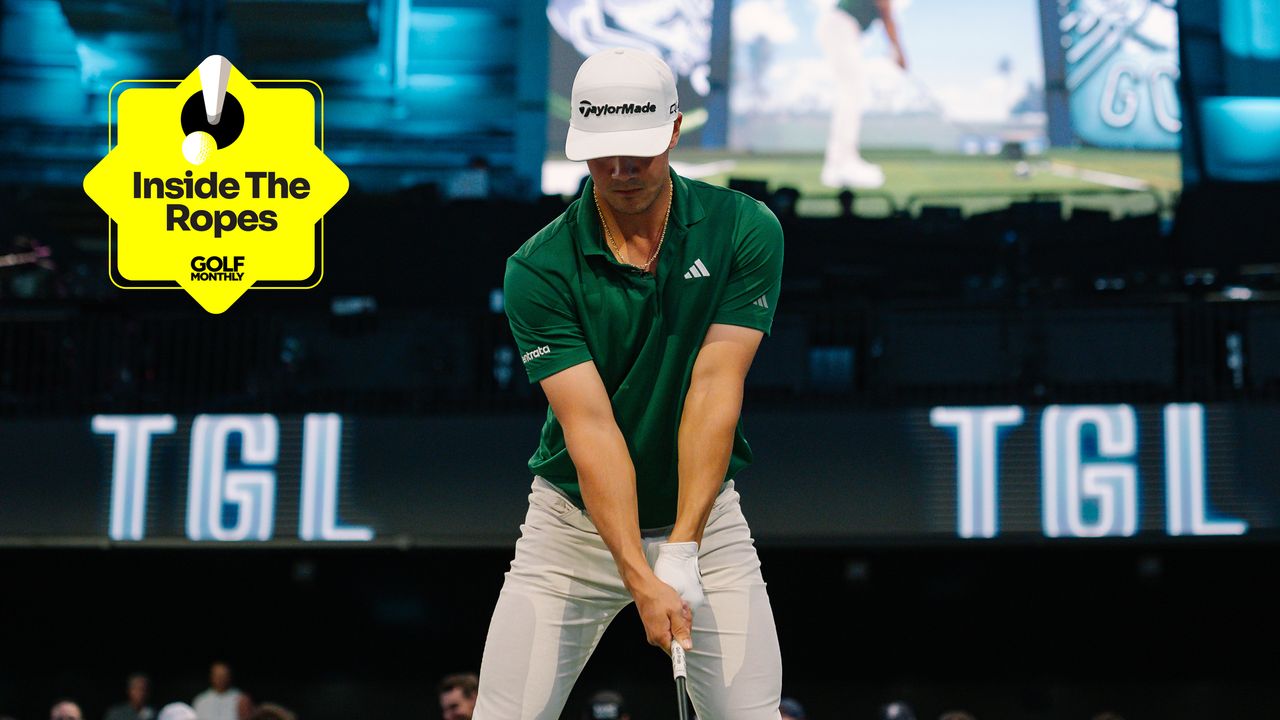 Main photo of Michael Thorbjornsen preparing to hit a drive in TGL with the Inside The Ropes sticker in the top-left corner