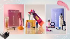 Collage of Next beauty boxes on a pastel watercolour background, with mascara and blush swatches