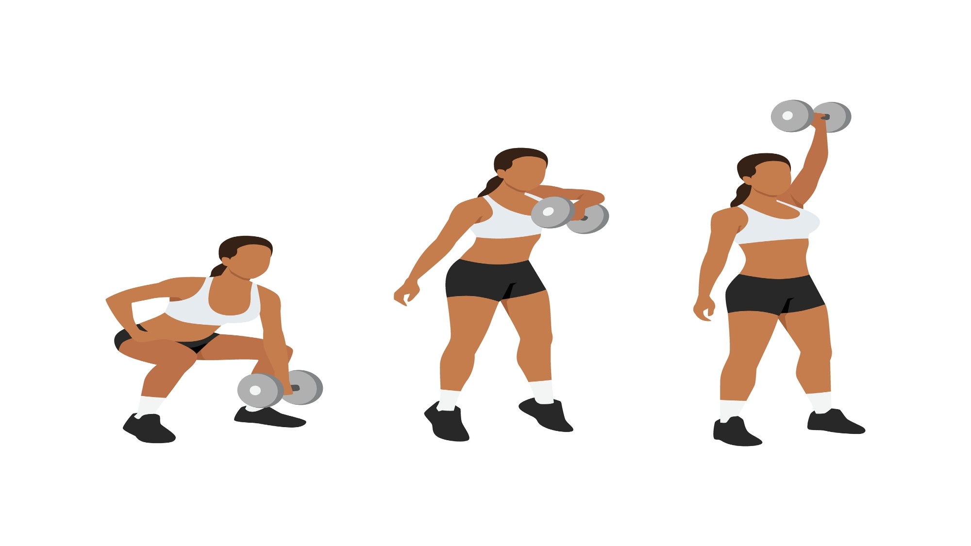 Vector of woman performing a dumbbell snatch in three stages against white background