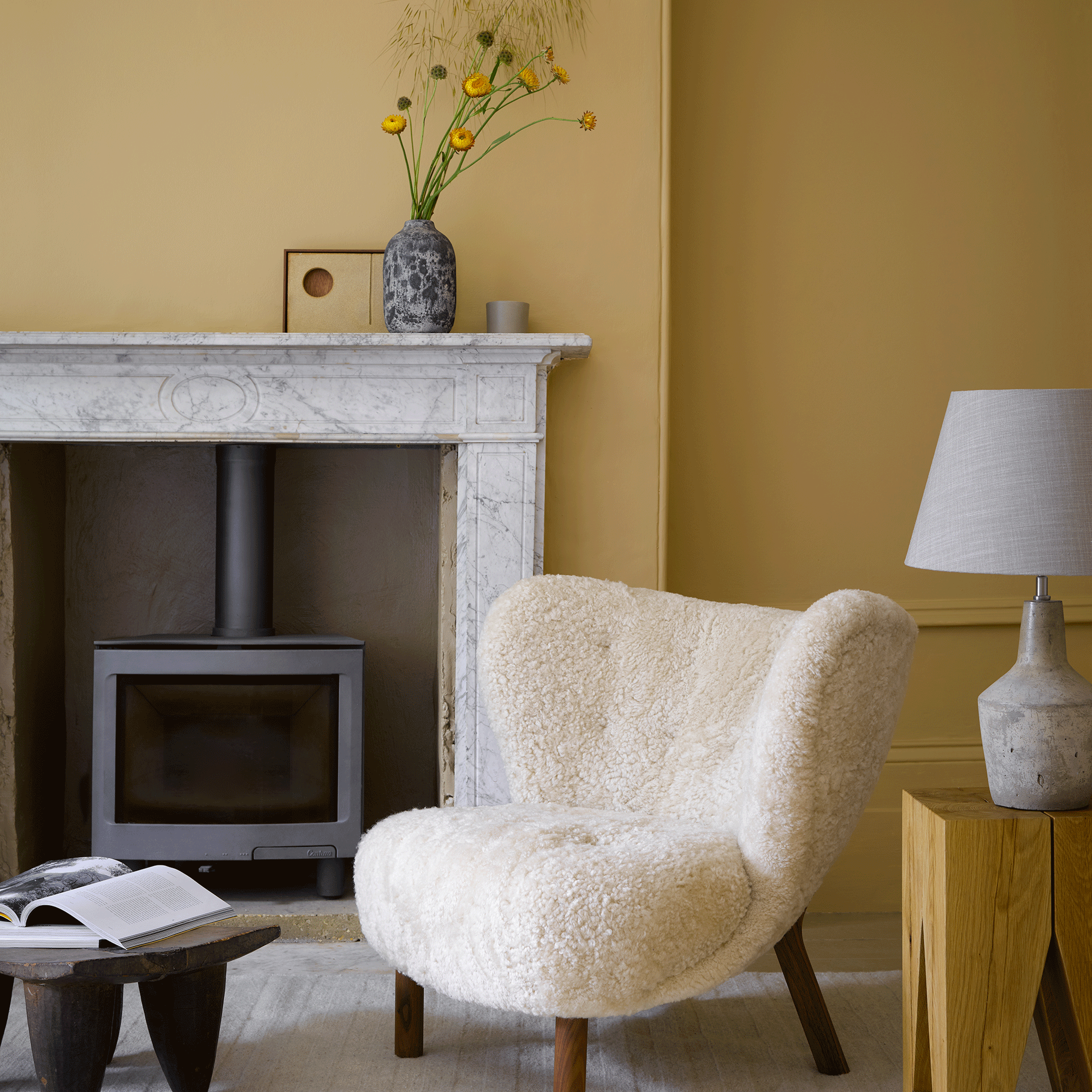 Yellow living room with fluffy chair