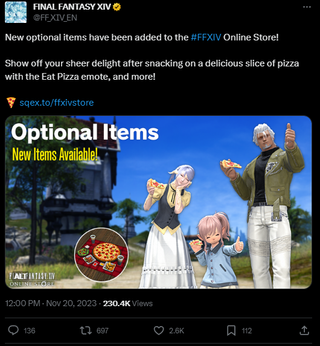 A post that reads: New optional items have been added to the #FFXIV Online Store! Show off your sheer delight after snacking on a delicious slice of pizza with the Eat Pizza emote, and more! 🍕 http://sqex.to/ffxivstore