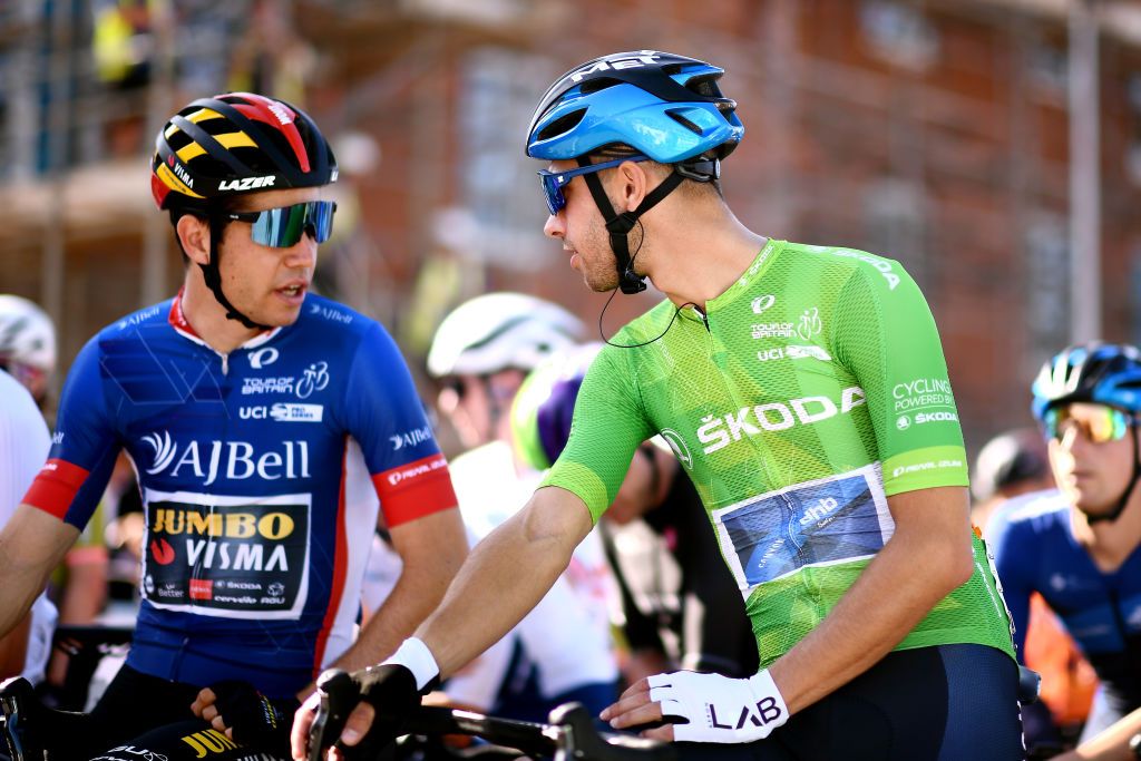 EXETER ENGLAND SEPTEMBER 06 Jacob Scott of United Kingdom and Team Canyon DHB Sungod green mountain jersey prepares for the race prior to the 17th Tour of Britain 2021 Stage 2 a 1839km stage from Sherford to Exeter TourofBritain TourofBritain on September 06 2021 in Exeter England Photo by Harry TrumpGetty Images