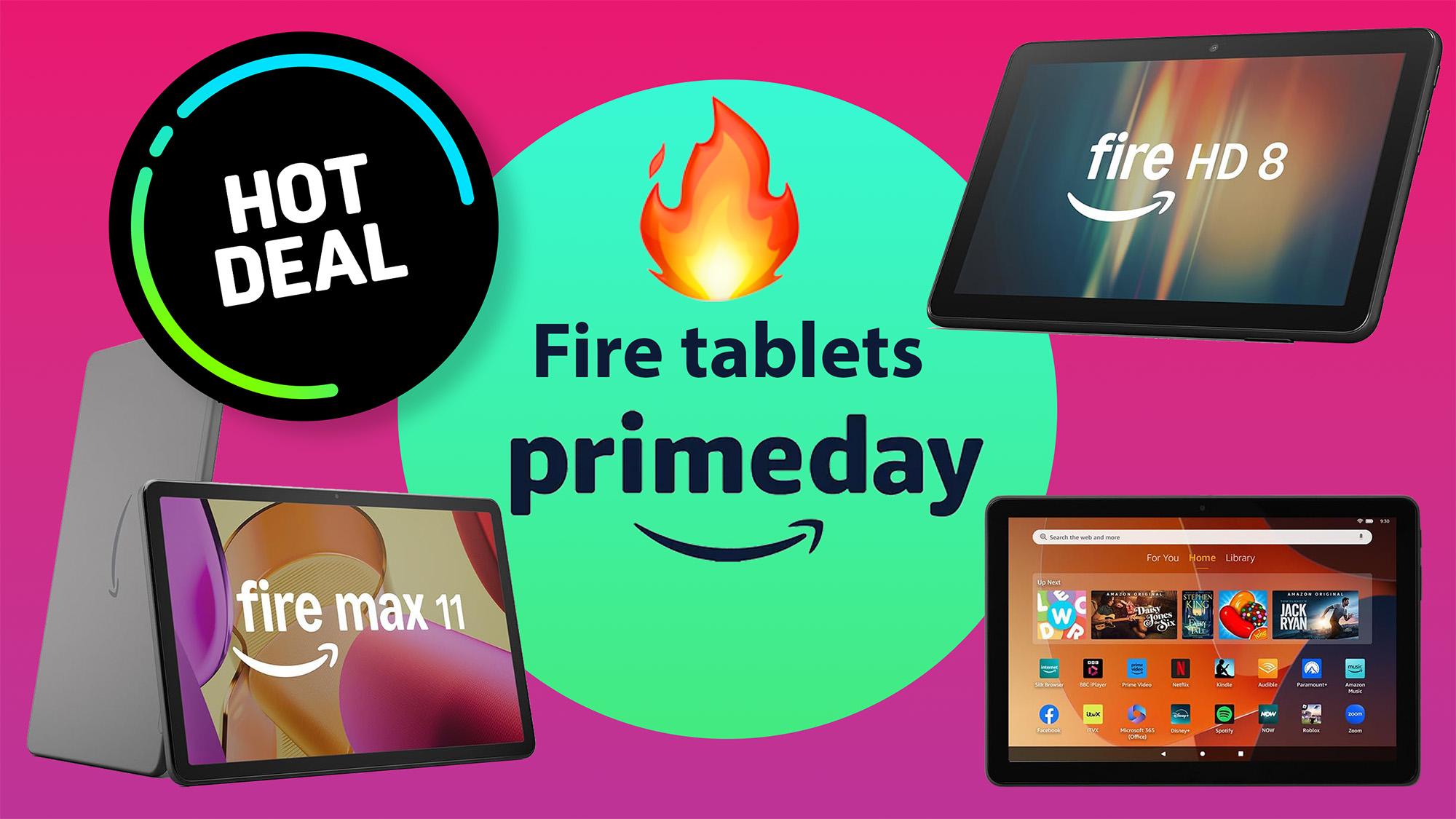 "Fire tablets primeday" roundel with fire emoji surrounded by Amazon Fire tablets and a "Hot Deal" roundel on a pink / purple background