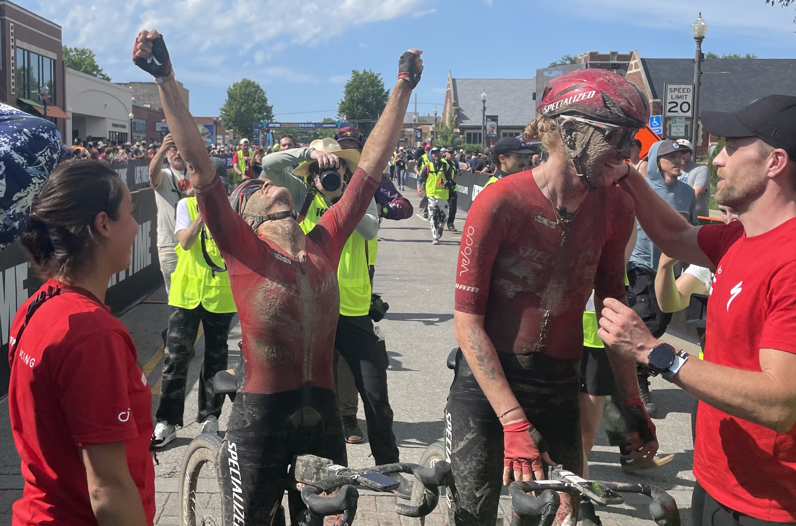 Specialized Off-road women go 1-2 at 2026 Unbound Gravel 200, winner Sofia Gomez Villafa&ntilde;e (left) and Geerike Schreurs (right)