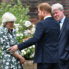 Prince Harry, Duke of Sussex with his aunt Lady Jane Fellowes and uncle Earl Spencer during the unveiling of a statue of Diana, Princess of Wales, in the Sunken Garden at Kensington Palace