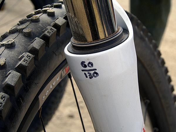 Air pressures are written in permanent marker directly on the fork leg. It's a trick borrowed from the motocross guys and one that we've also used for years.