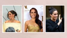 Meghan Markle wearing her hair in a loose, messy bun / with side-swept glamourous waves / and in a tight bun