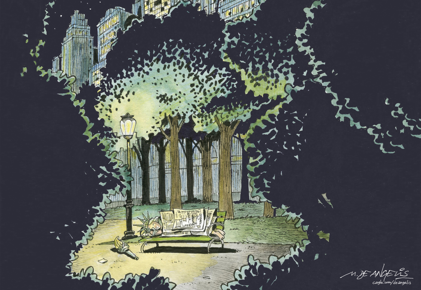 This political cartoon is drawn in a sad, lonesome way and depicts the Statue of Liberty sleeping on a New York park bench like a homeless person. She is covered by newspapers and has dropped her torch on the ground.