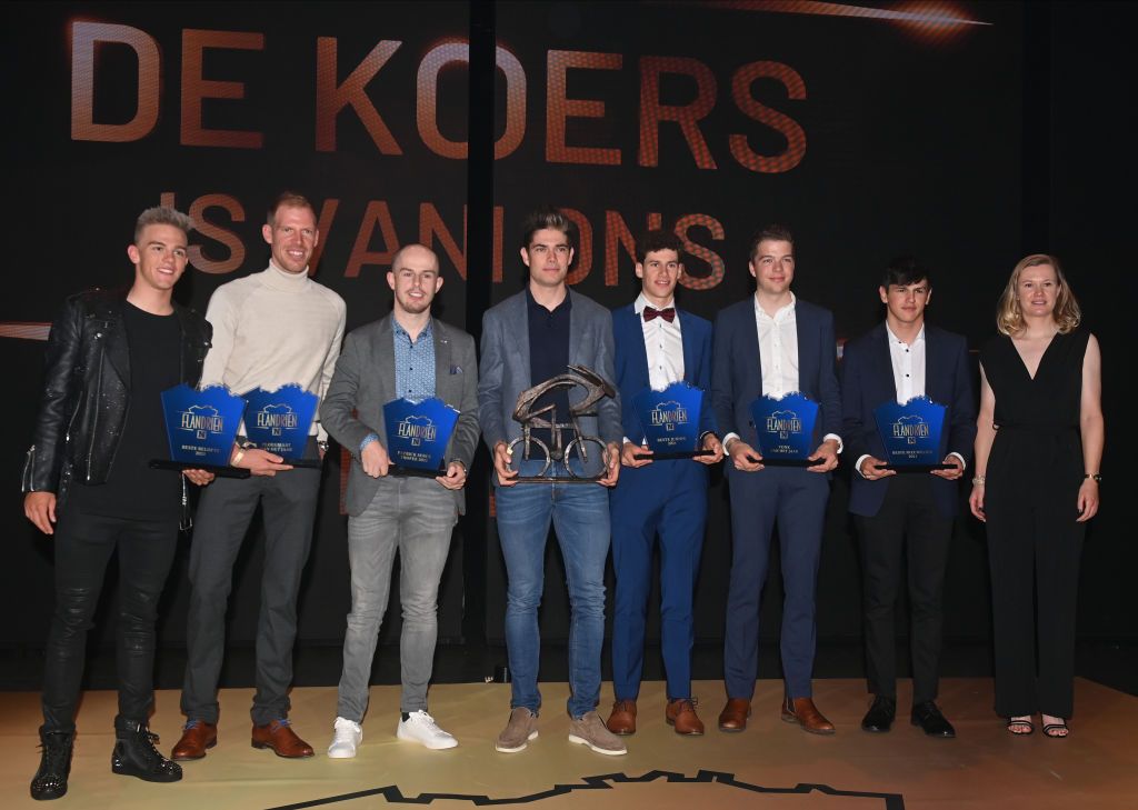 Award winners Thibau Nys Tim Declercq Tim Celen Wout Van Aert Alec Segaert Florian Vermeersch Steffen De Schuyteneer and Jolien DHoore pictured after the Flandrien award ceremony for the best Belgian cyclist of the 2021 cycling season organized by newspaper Het Nieuwsblad in Puurs on Tuesday 26 October 2021BELGA PHOTO DAVID STOCKMAN Photo by DAVID STOCKMANBELGA MAGAFP via Getty Images