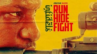 Run Hide Fight: Infidels 2026 movie with man looking intensely down the barrel of a gun against a striking yellow background