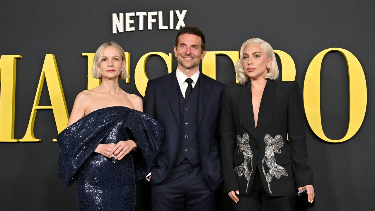 Carey Mulligan, Bradley Cooper, and Lady Gaga at the photo call for Maestro on December 12, 2023.