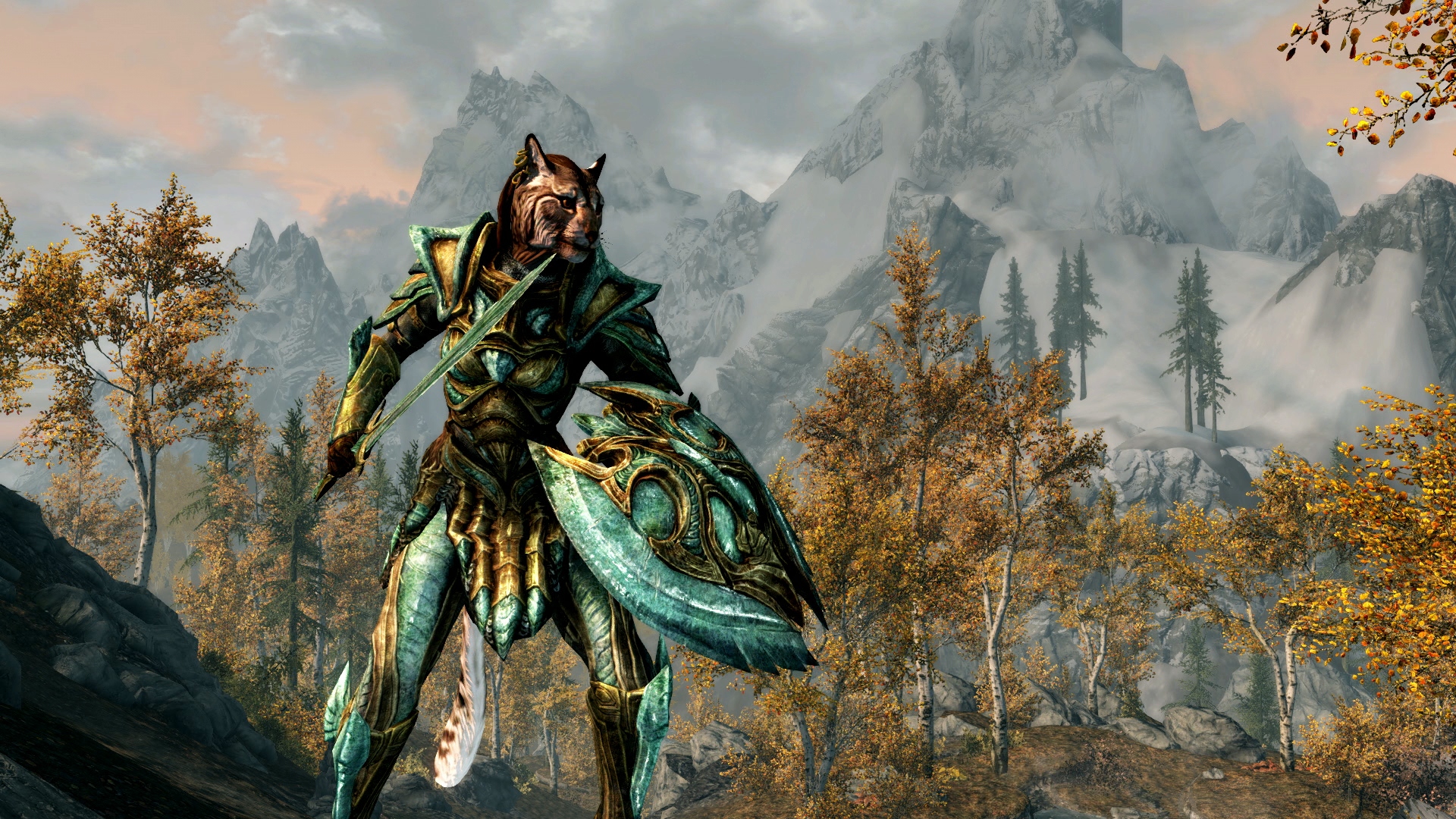 Skyrim Khajiit in elven armor stands amidst an autumnal countryside