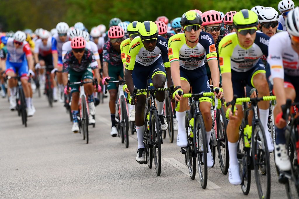 VISEGRAD HUNGARY MAY 06 Hailu Biniam Girmay of Eritrea and Team Intermarch Wanty Gobert Matriaux L competes during the 105th Giro dItalia 2022 Stage 1 a 195km stage from Budapest to Visegrd 337m Giro WorldTour on May 06 2022 in Visegrad Hungary Photo by Tim de WaeleGetty Images