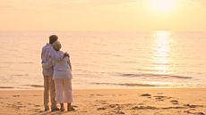 An older couple stand arm in arm on a beach and watch the sunset.
