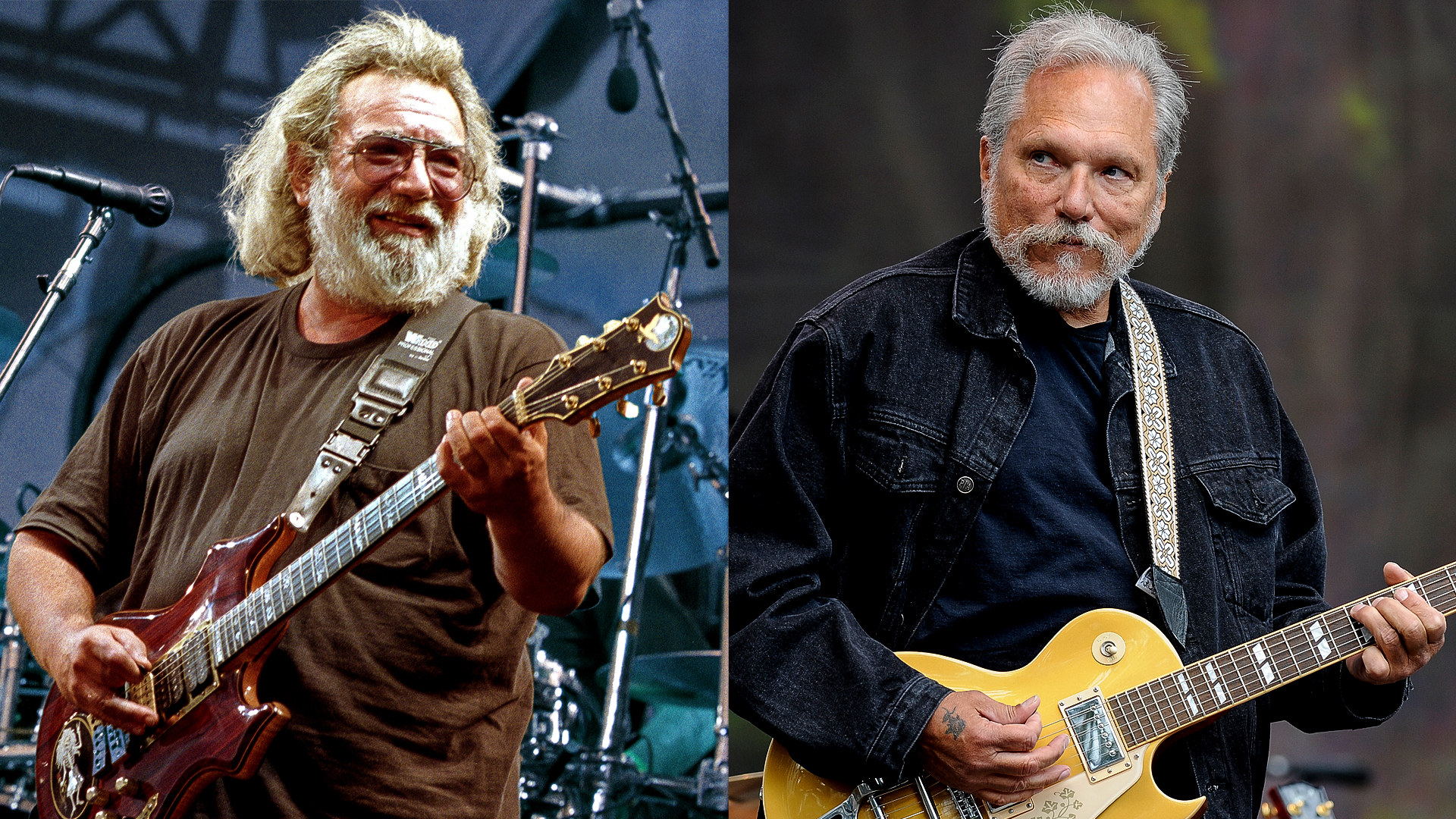 LEFT: Jerry Garcia of the Grateful Dead performs at Cal Expo Amphitheatre on August 14, 1991 in Sacramento, California. RiGHT: Jorma Kaukonen of Hot Tuna performs during Hardly Strictly Bluegrass in Golden Gate Park on October 2, 2010 in San Francisco, California.