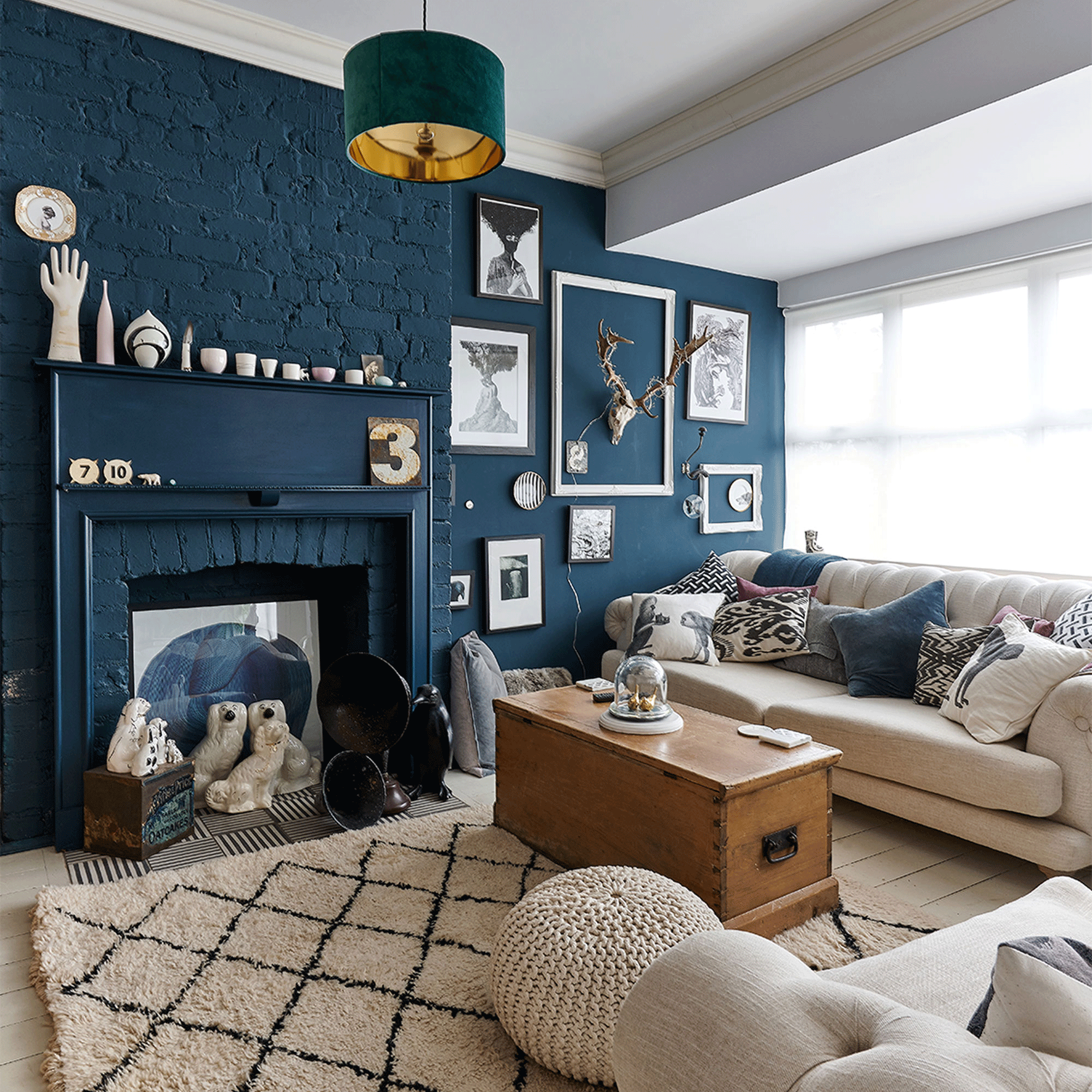 Navy living room with berber rug