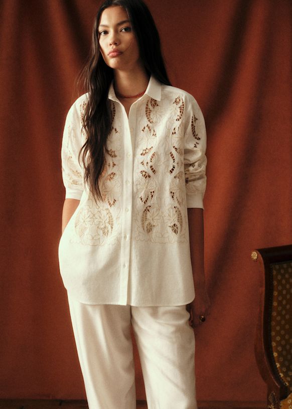 Maxy Shirt - S&amp;eacute;zane X Baziszt - Ecru With Cream Frieze Detailing - Organic Cotton - S&amp;eacute;zane