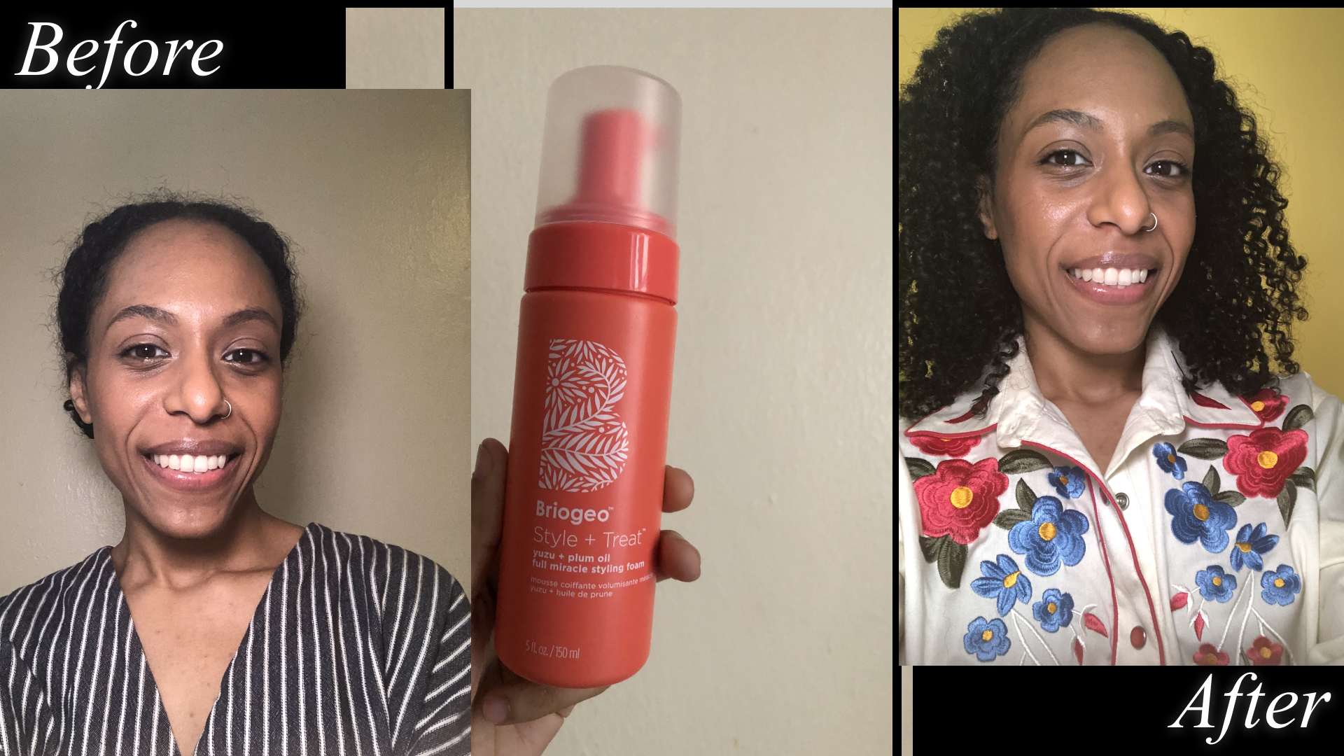 Jamie Wilson before, during, after application of the Briogeo Style + Treat&amp;trade; Hair Styling Volume Foam.