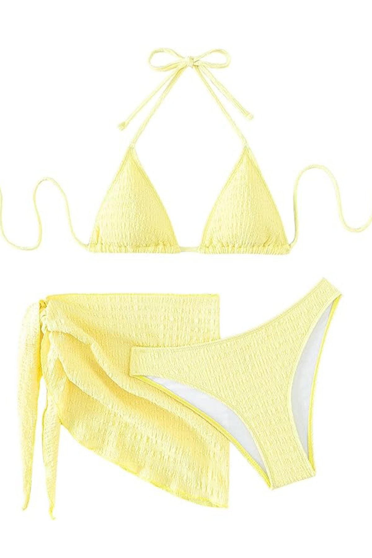 Shenhe Women's 3 Piece Textured High Cut Halter Triangle Bikini Swimsuit With Cover Up Yellow Plain S