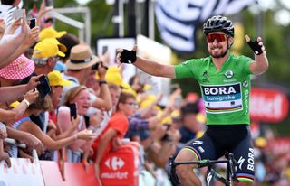 QUIMPER, FRANCE - JULY 11: Arrival / Peter Sagan of Slovakia and Team Bora Hansgrohe Green Sprint Jersey / Celebration / during the 105th Tour de France 2018, Stage 5 a 204,5km stage from Lorient to Quimper / TDF / on July 11, 2018 in Quimper, France. (Photo by Justin Setterfield/Getty Images)