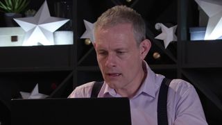 Nick Tilsley looks shocked at his computer screen in Coronation Street.