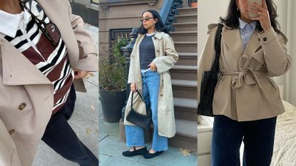 a collage of Lauren Tappan wearing trench coats 