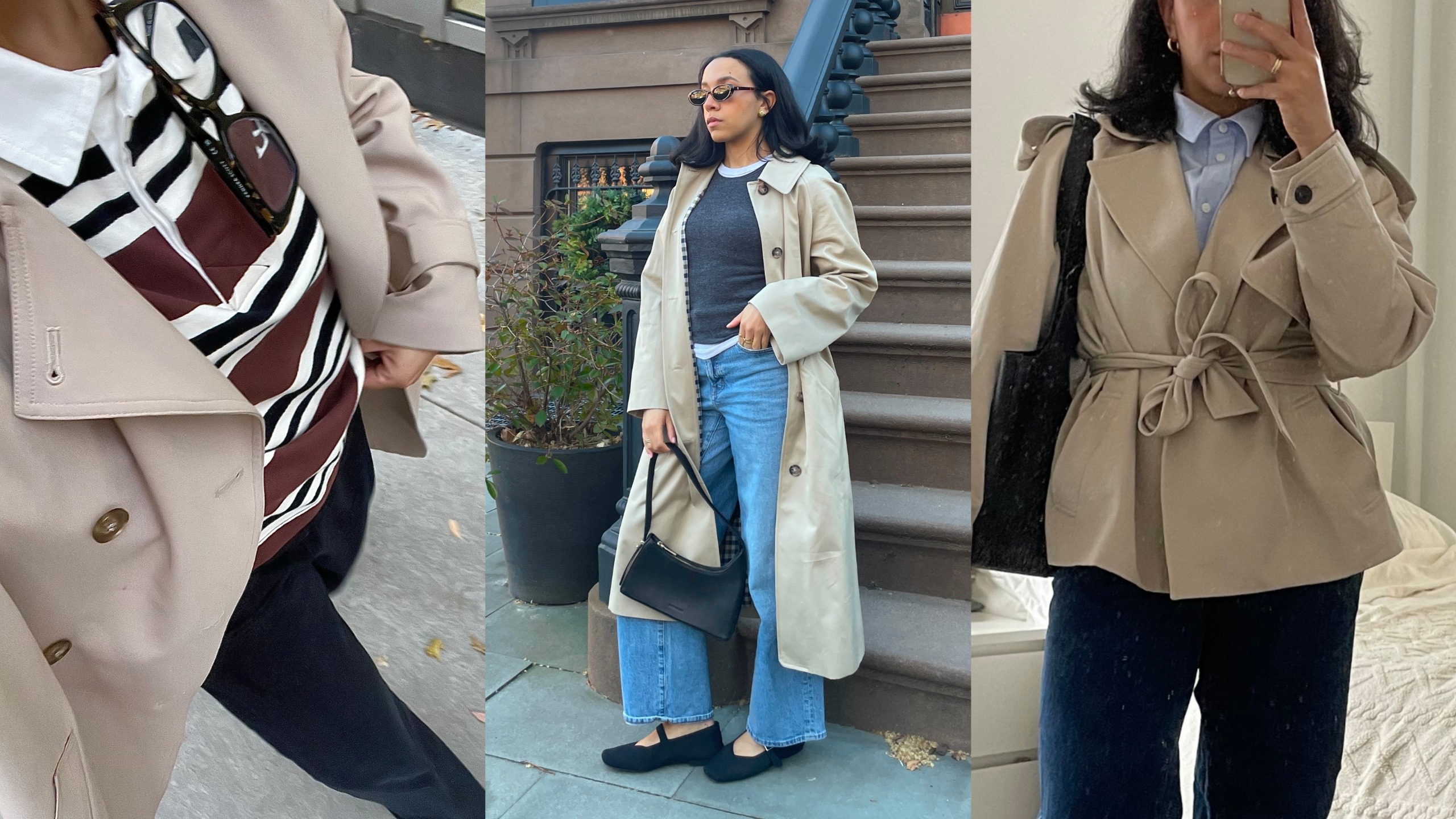 a collage of Lauren Tappan wearing trench coats 