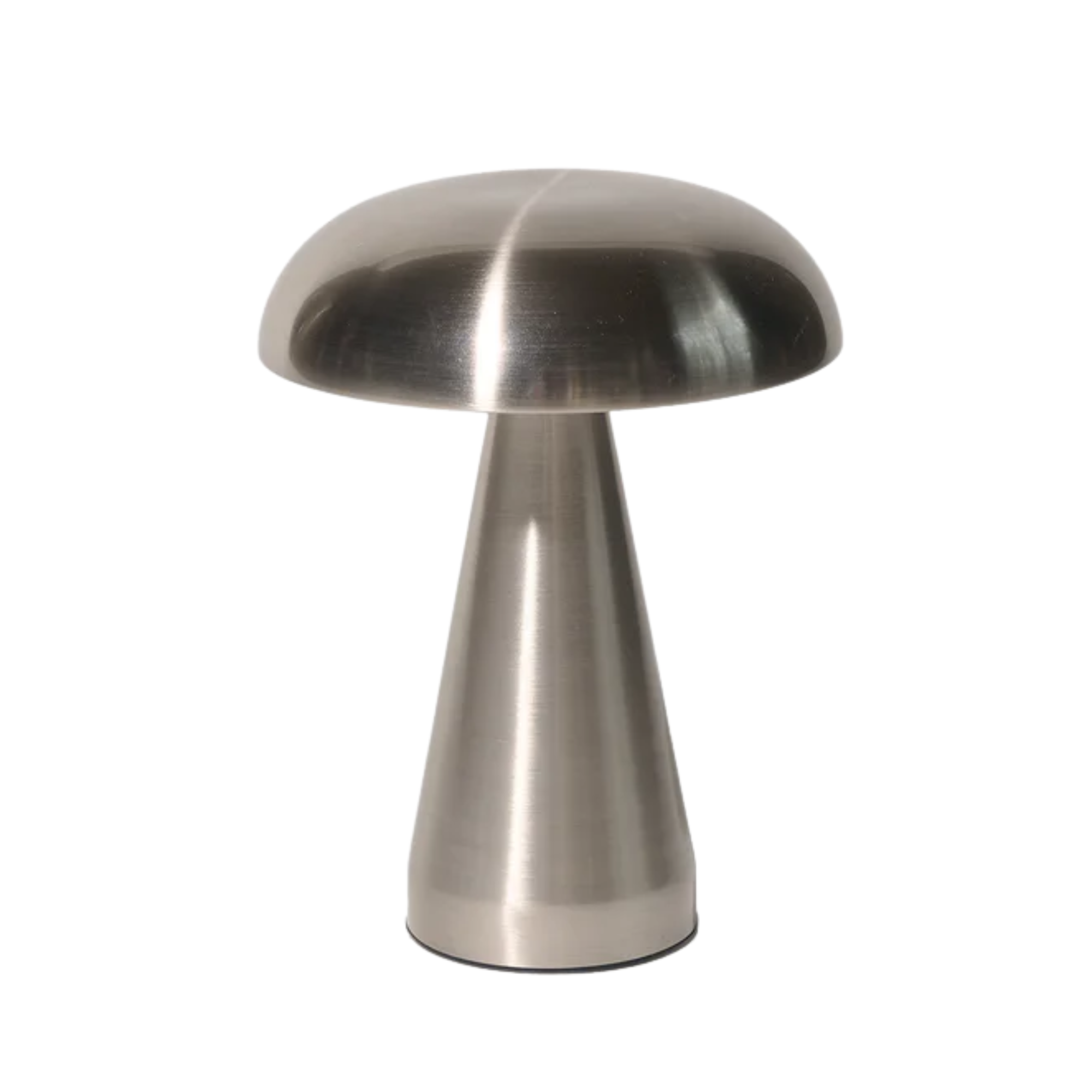 a silver portable lamp with a mushroom shape