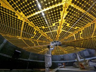 Lucy's solar panels unfurled during spacecraft work before launch. Lucy will become the solar-powered spacecraft to venture the farthest from the sun.