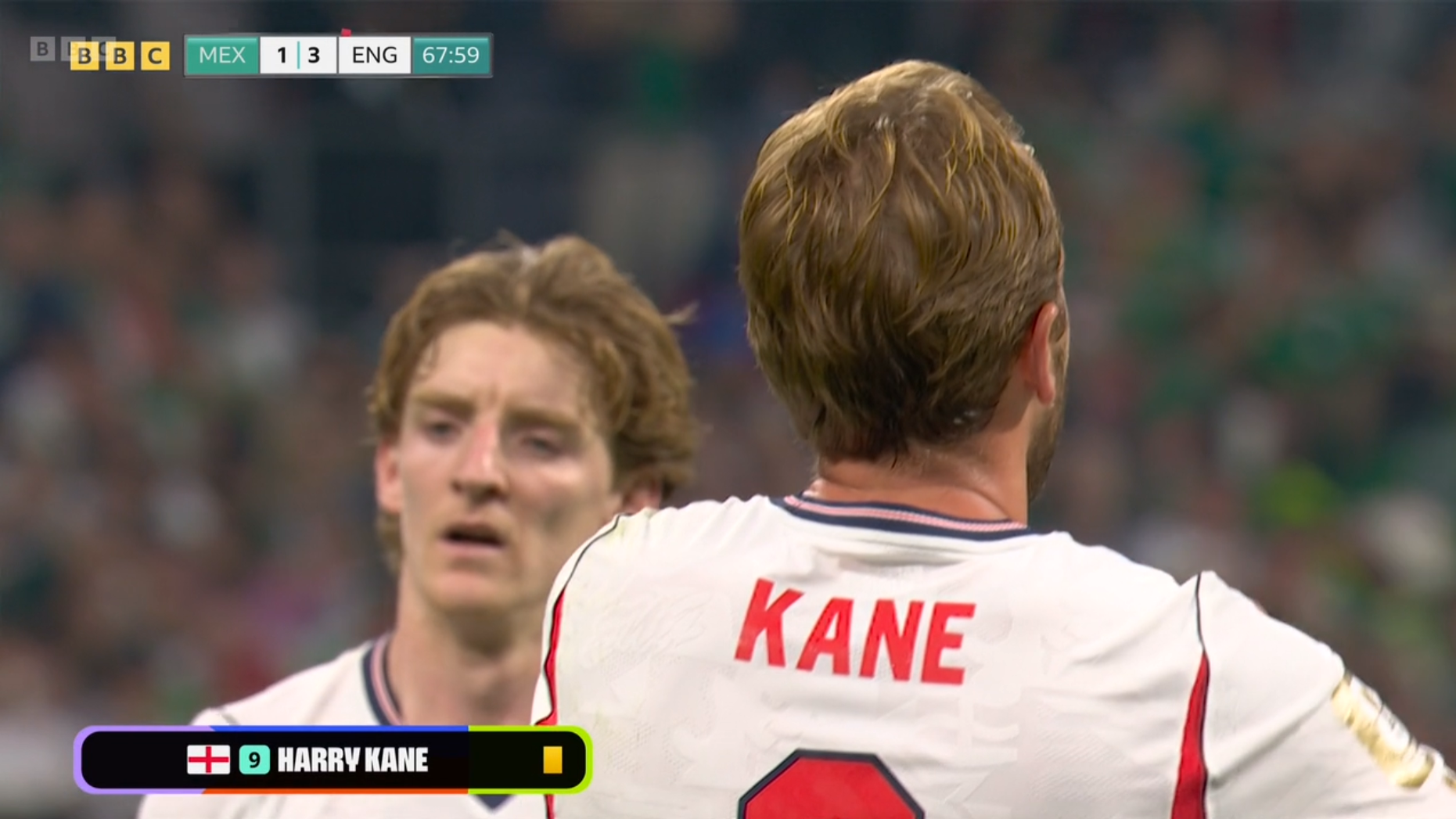 TV pictures on BBC One show a graphic confirming a yellow card for England captain Harry Kane after he conceded a penalty in the FIFA World Cup 2026 last-16 game against Mexico in Mexico City