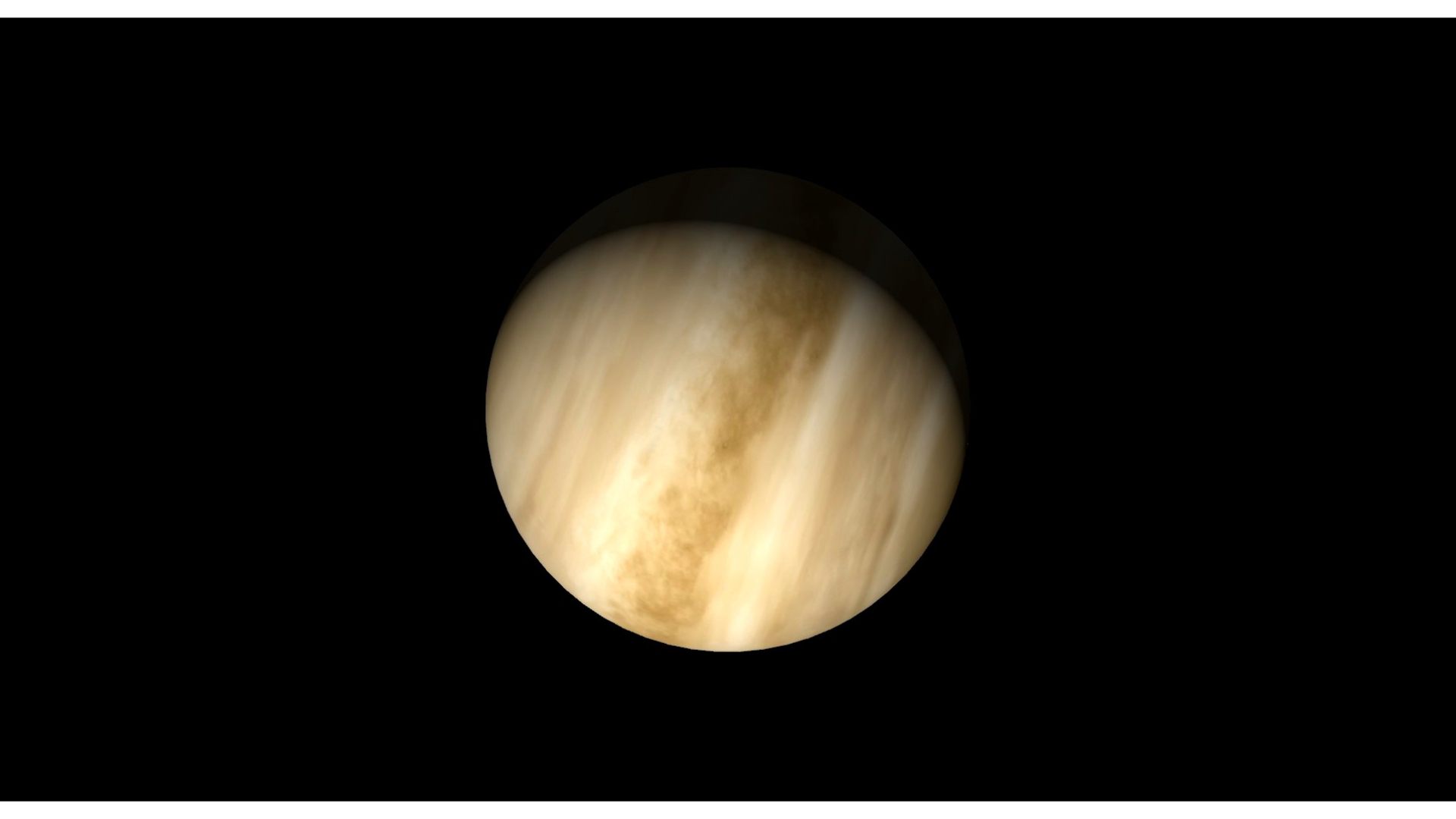 A close up of the planet Venus in the darkness of space. Its tilt and rings of light golden yellow can be seen.