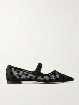 Campari Grosgrain-Trimmed Flocked Mesh Ballet Flats