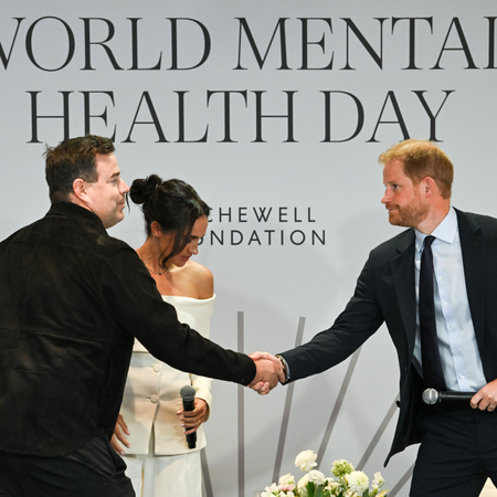 Carson Daly, Meghan, Duchess of Sussex and Prince Harry, Duke of Sussex are seen onstage at The Archewell Foundation Parents&rsquo; Summit: Mental Wellness in the Digital Age during Project Healthy Minds' World Mental Health Day Festival 2023 at Hudson Yards on October 10, 2023 in New York City.