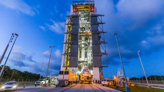 A United Launch Alliance (ULA) Atlas V rocket stands ready to receive its precious cargo — Boeing's Starliner for the OFT-2 mission — at the Vertical Integration Facility (VIF) at Space Launch Complex-41 at Cape Canaveral Space Force Station in Florida, on July 17, 2021.