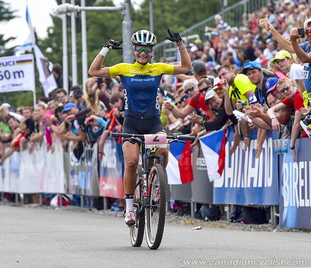 Jenny Rissveds winning Sweden's second title in the 2016 UCI Mountain Bike XC women's U23 race