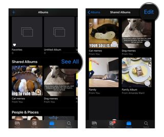 Delete a Shared Photo Album on iPhone and iPad by showing steps: Launch Photos, tap See All, Tap Edit