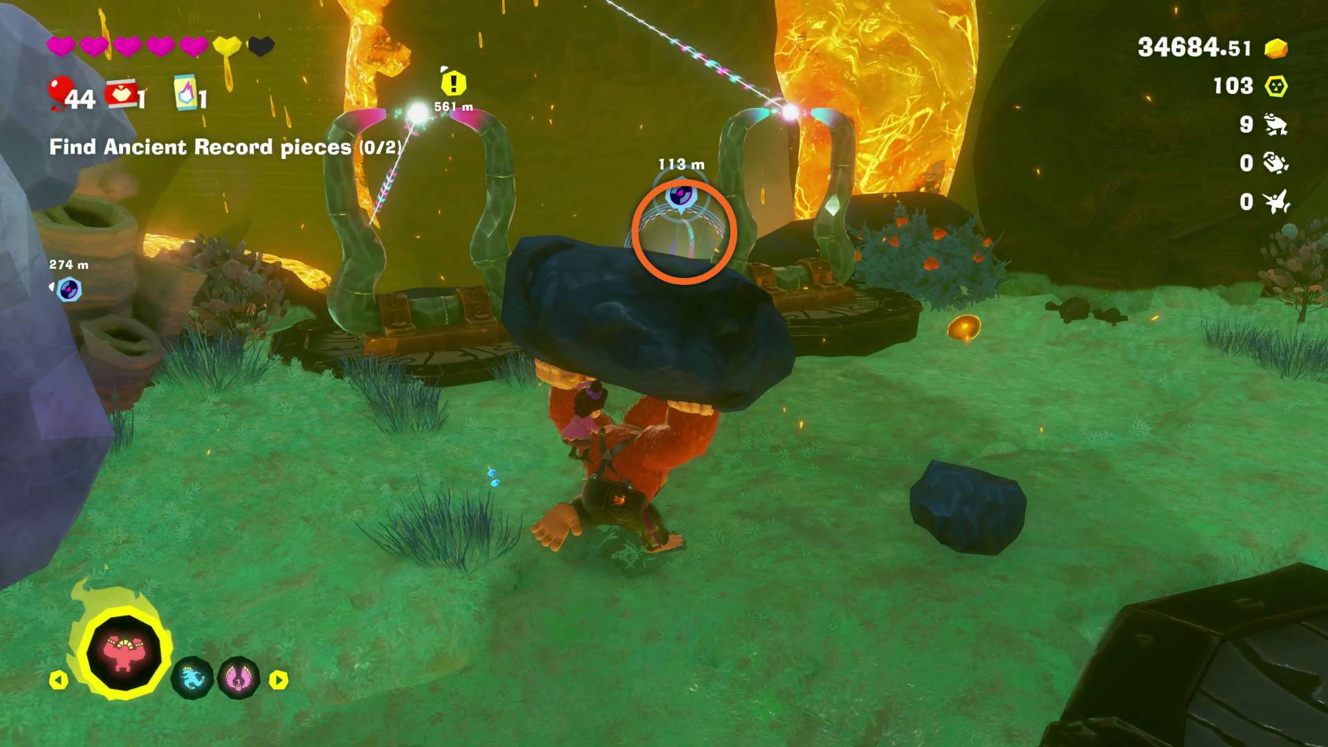 Donkey Kong Bananza Elephant Bananza ancient record piece on lower island in lava lake