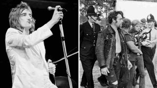 Rod Stewart of the Faces peforming at the Bickershaw festival and police arresting Hells Angels members at the Weeley festival