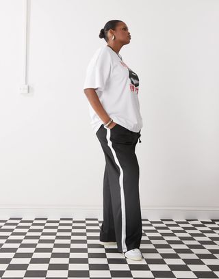 Noisy May Curve Wide Leg Sweatpants With Side Stripe in Black