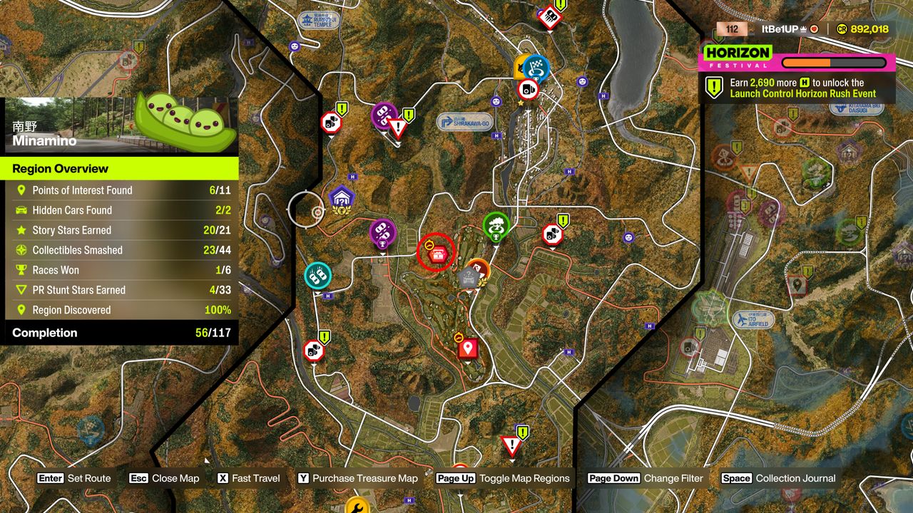 Forza Horizon 6 Minamino Treasure Hunt: A map showing the location of the Festival Playlist Treasure Hunt in the centre of the Minamino region.